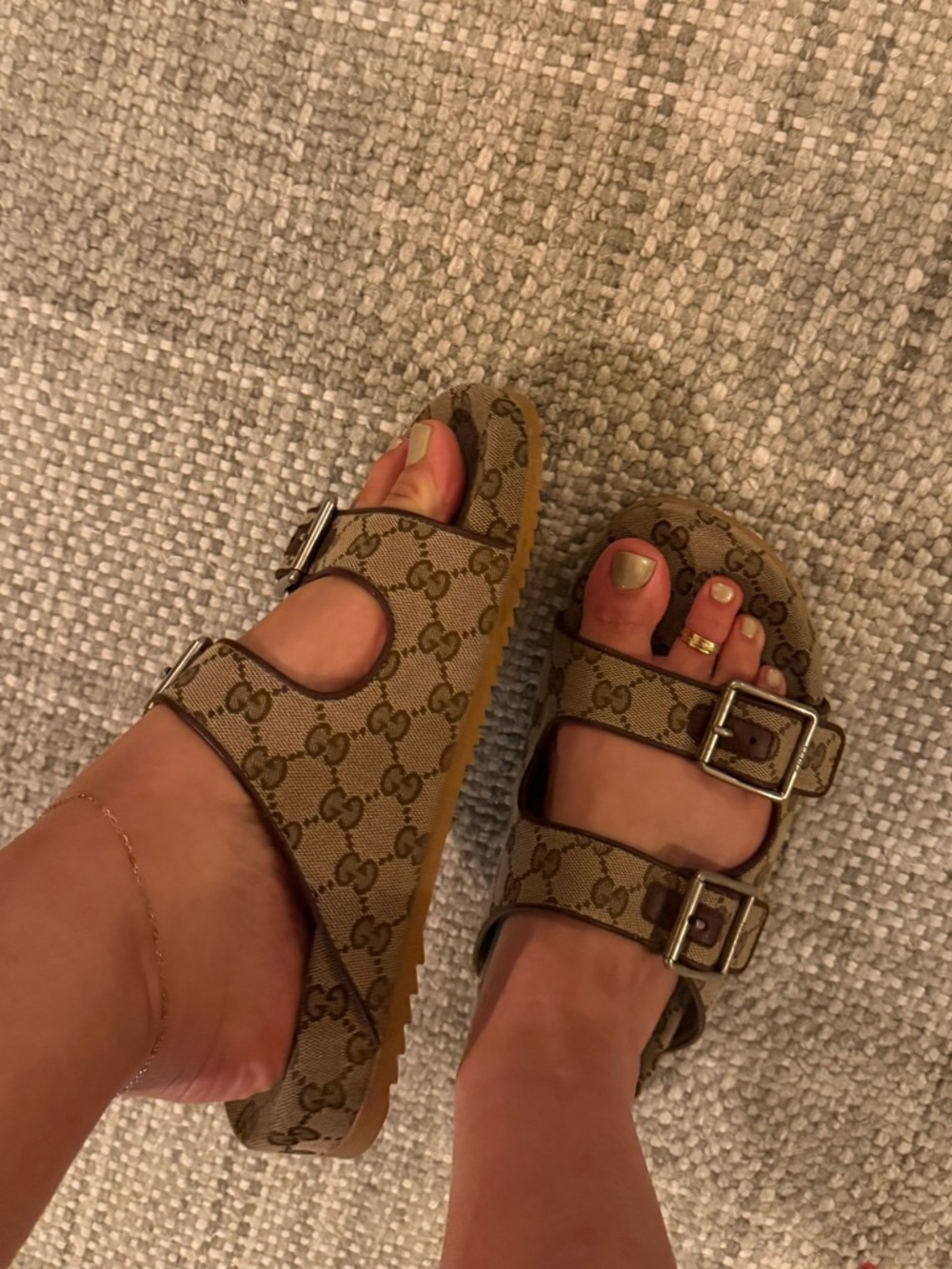 Gucci Tan/Brown Monogram Double-Buckle Slide Sandals